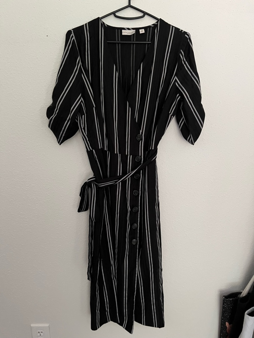 eva mendes for New York & Company Black and White Striped Wrap Midi Dress